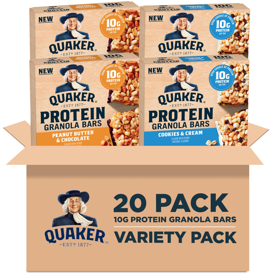 Quaker Protein Granola Bars front pack view showing two flavors for on-the-go protein.