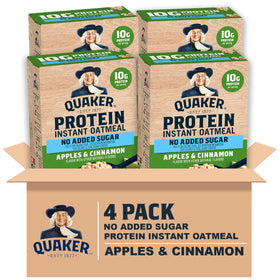 Quaker Protein Instant Oatmeal Apple Cinnamon packets ready for quick mornings.