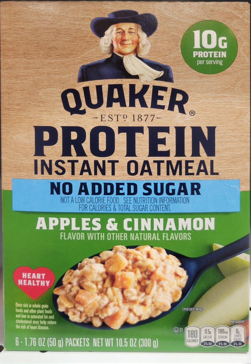 Quaker Protein Instant Oatmeal Apples & Cinnamon No Added Sugar packaging for quick breakfast on the go