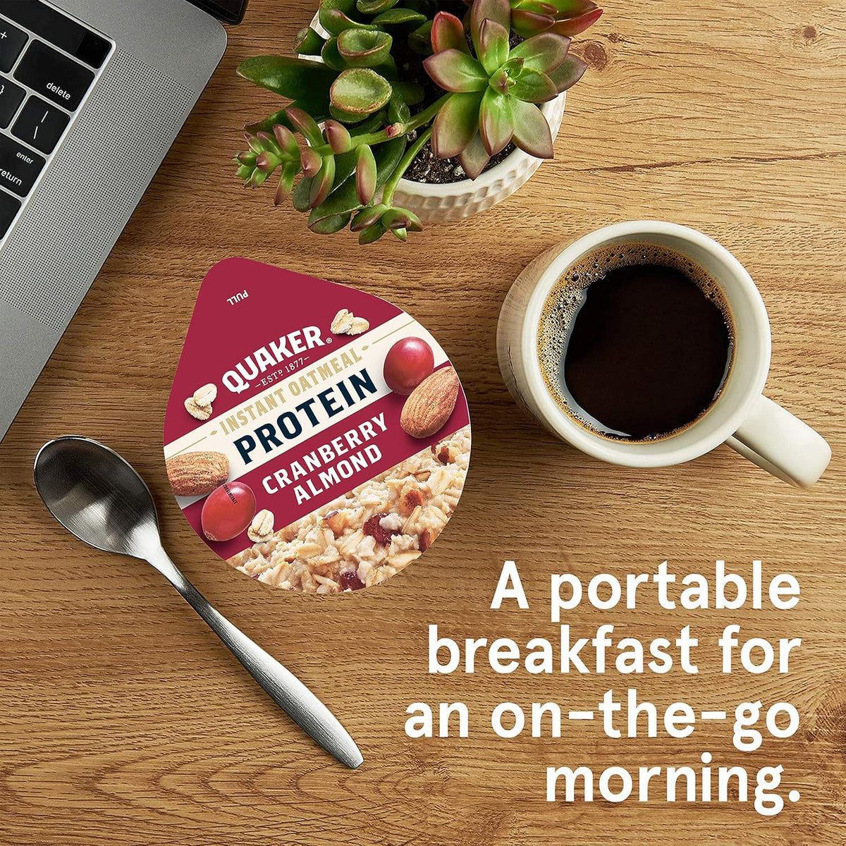 Microwave-ready Quaker Protein Instant Oatmeal Cup being prepared quickly