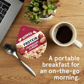 Microwave-ready Quaker Protein Instant Oatmeal Cup being prepared quickly