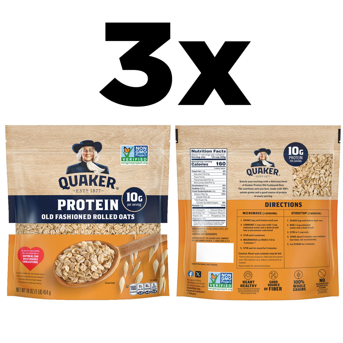 Quaker Protein Old Fashioned Oats closeup highlights chewy texture and whole grains