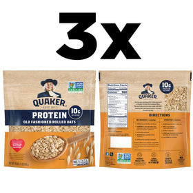 Quaker Protein Old Fashioned Oats closeup highlights chewy texture and whole grains