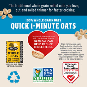 Pouring Quaker Quick Oats into a bowl for a fiber-rich start.