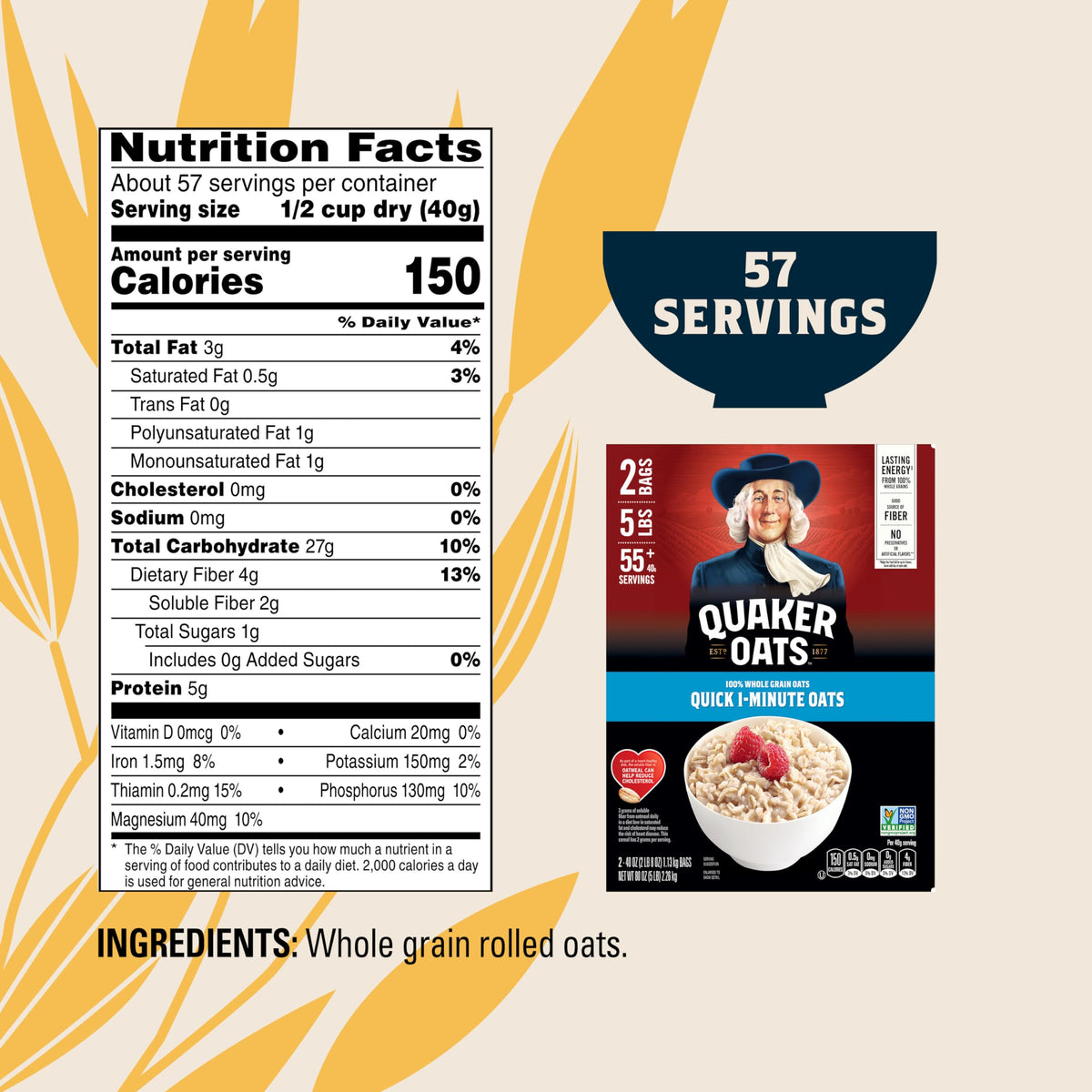 Two 2.5 lb Quaker oat packs ready for daily breakfasts.