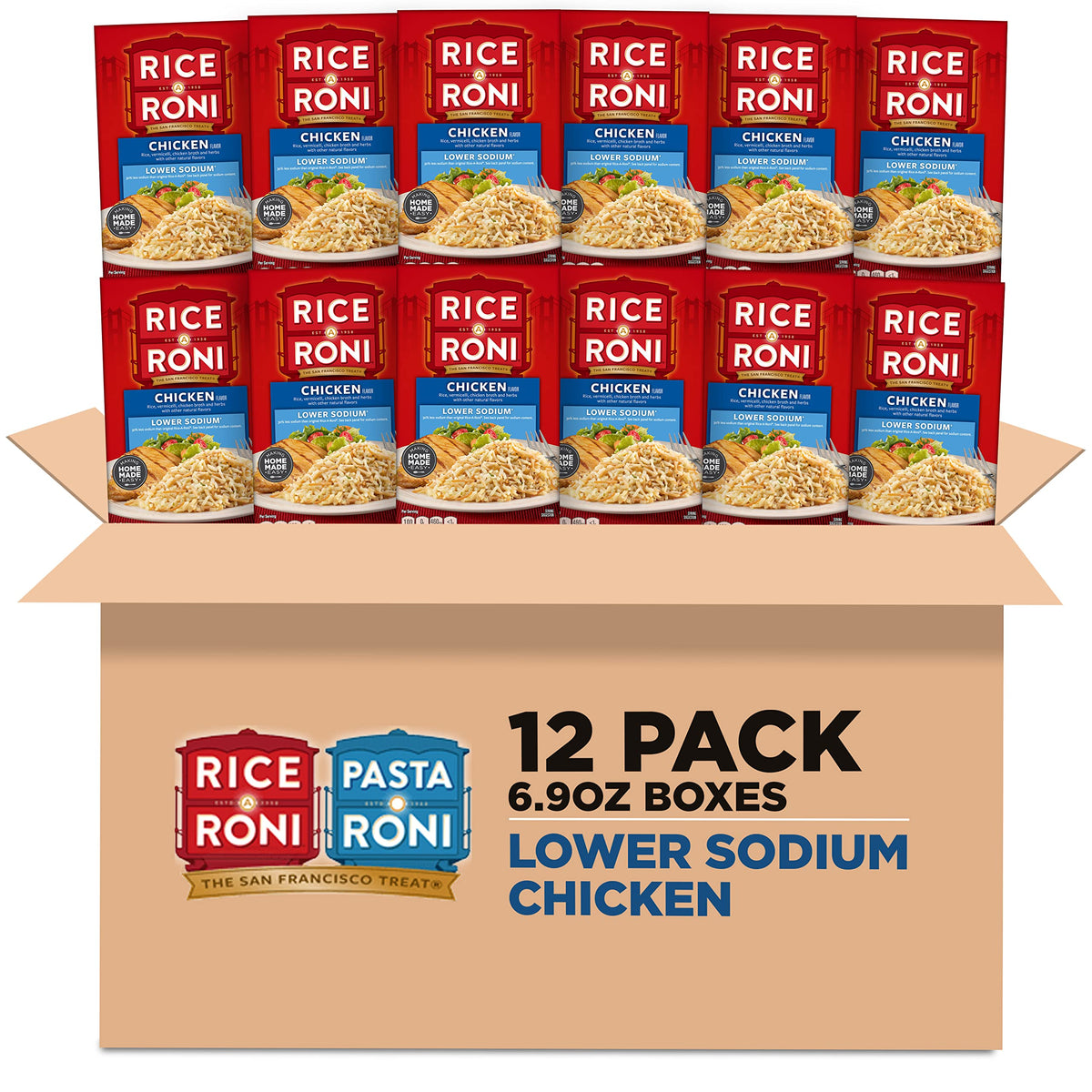 Quaker Rice-A-Roni lower-sodium chicken boxes in a 12-pack for quick dinners.