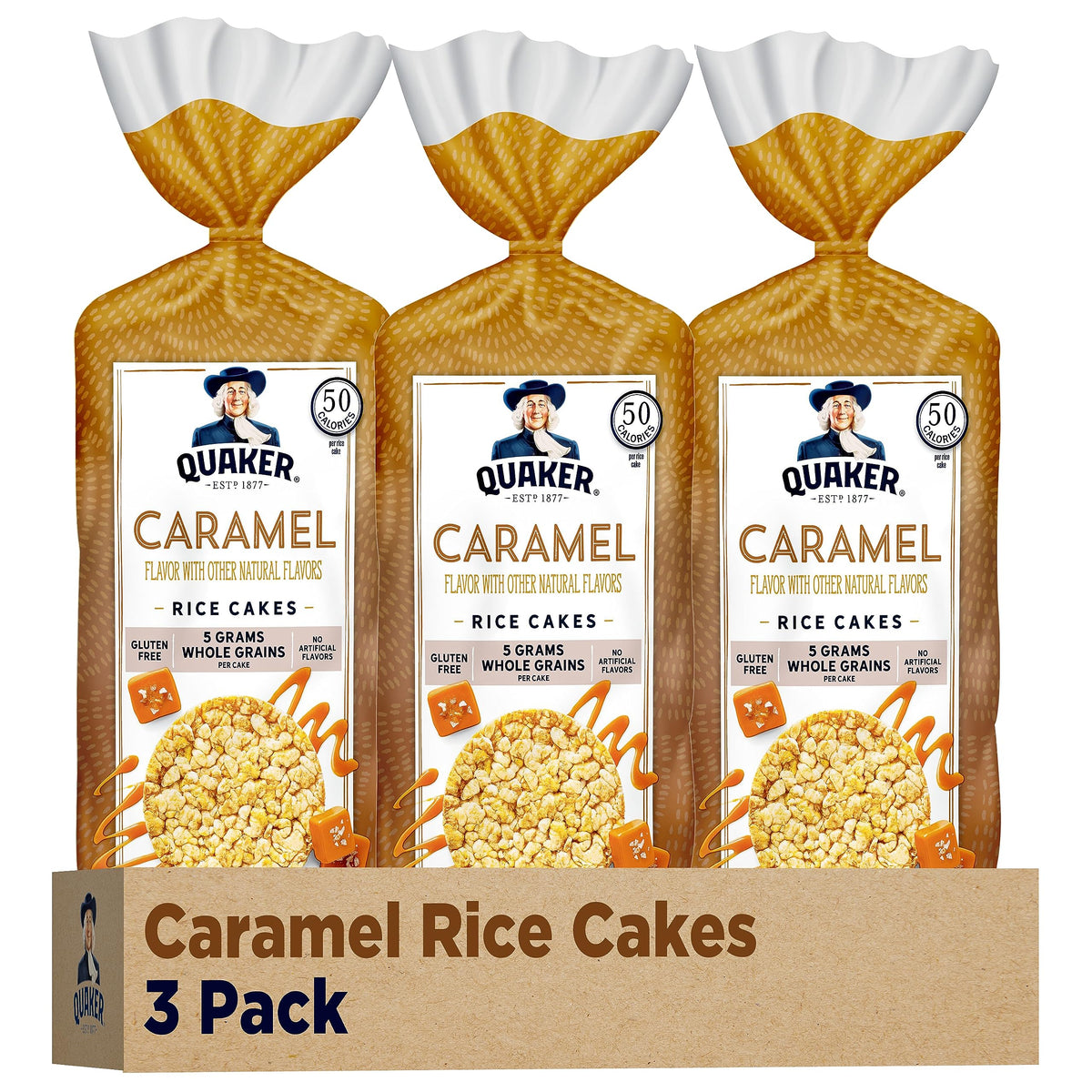 Quaker caramel rice cakes in a box, convenient for on-the-go snacking.