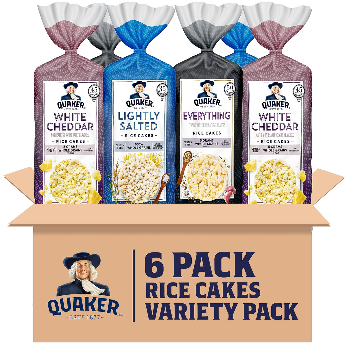 Quaker Rice Cakes Everything Bagel pack, gluten-free snack ready to top.