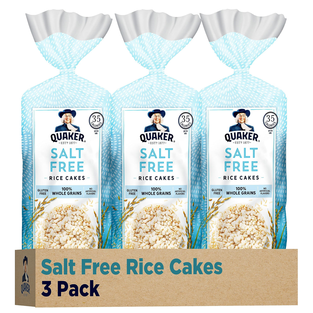 Quaker Rice Cakes salt-free pack3 front view shows a light gluten-free snack option