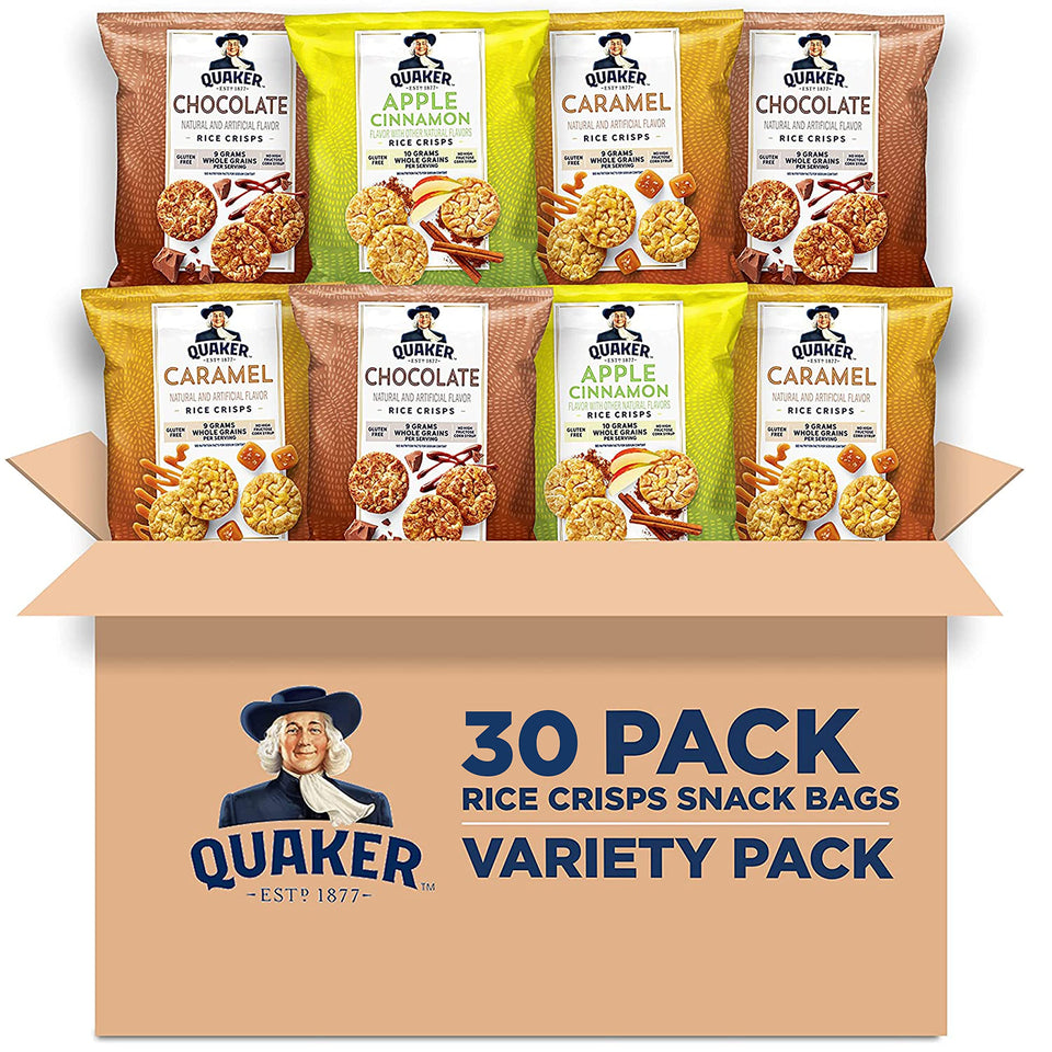 Quaker Rice Crisps 3-Flavor Variety Pack, gluten-free snack option.