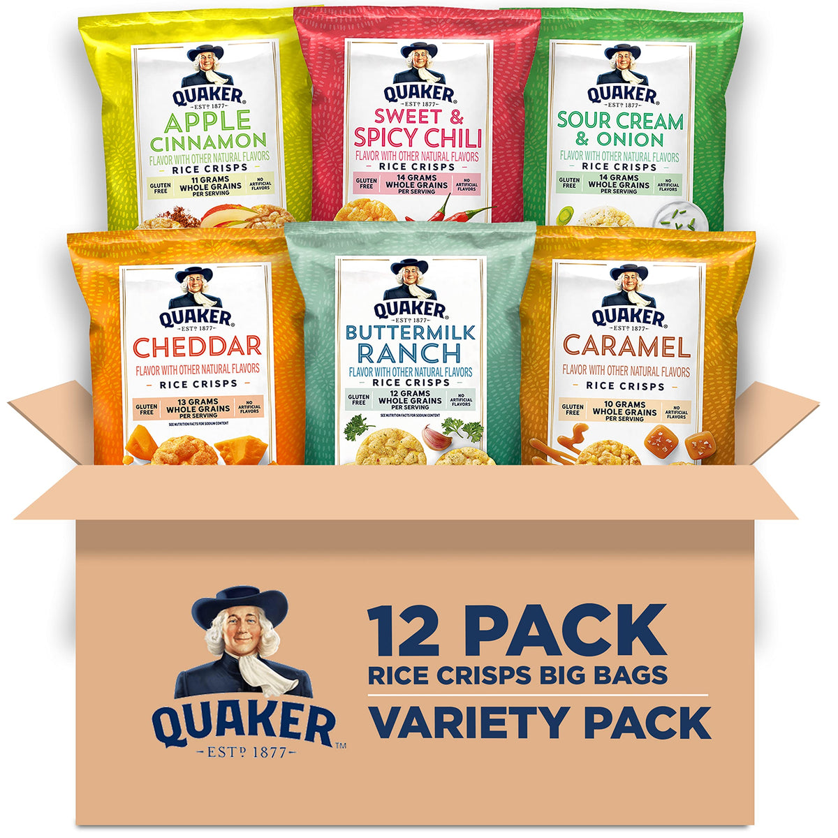 Quaker Rice Crisps Caramel flavor bag, a savory-sweet snack option for busy afternoons