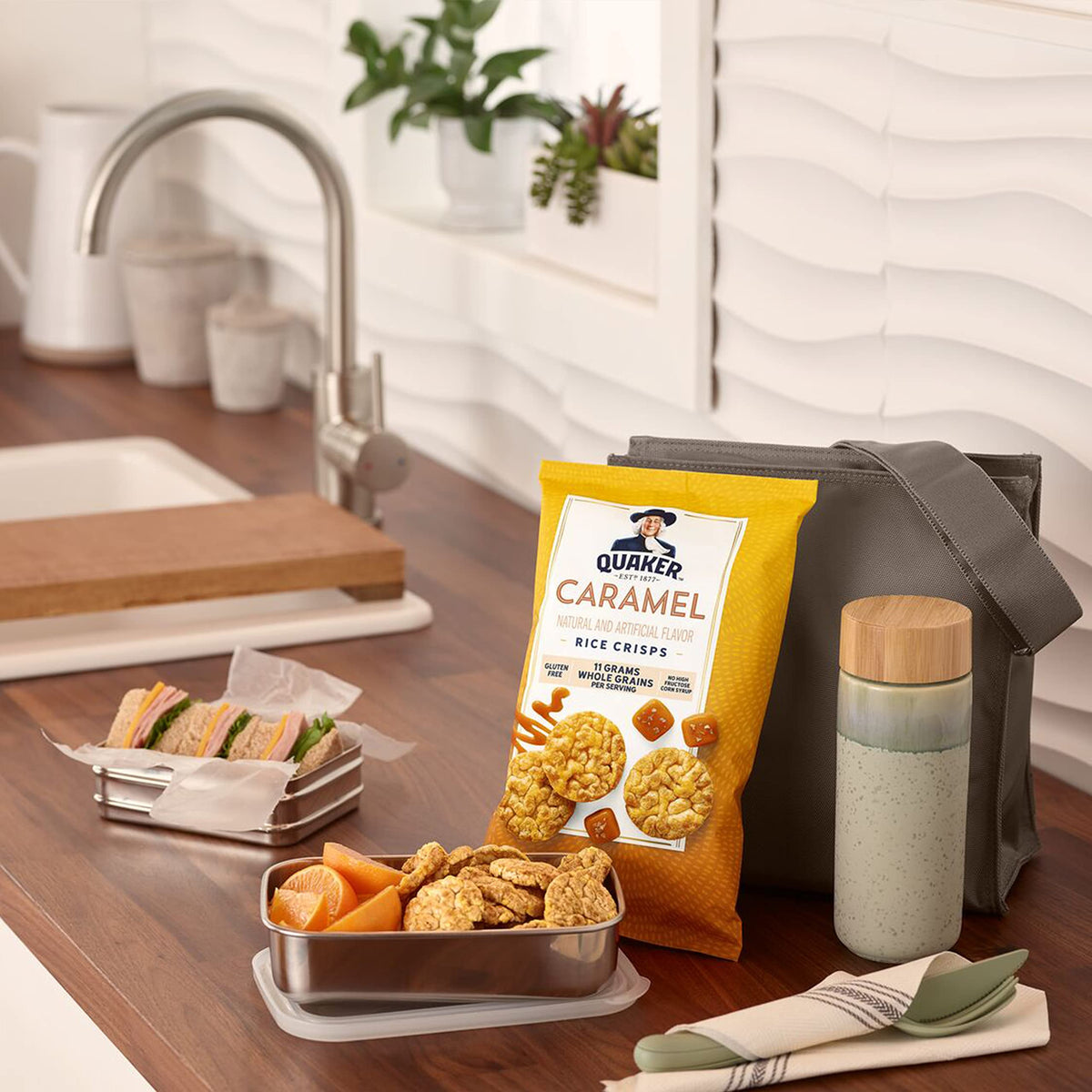 Quaker Rice Crisps Sour Cream and Onion bag, a light, flavorful nibble