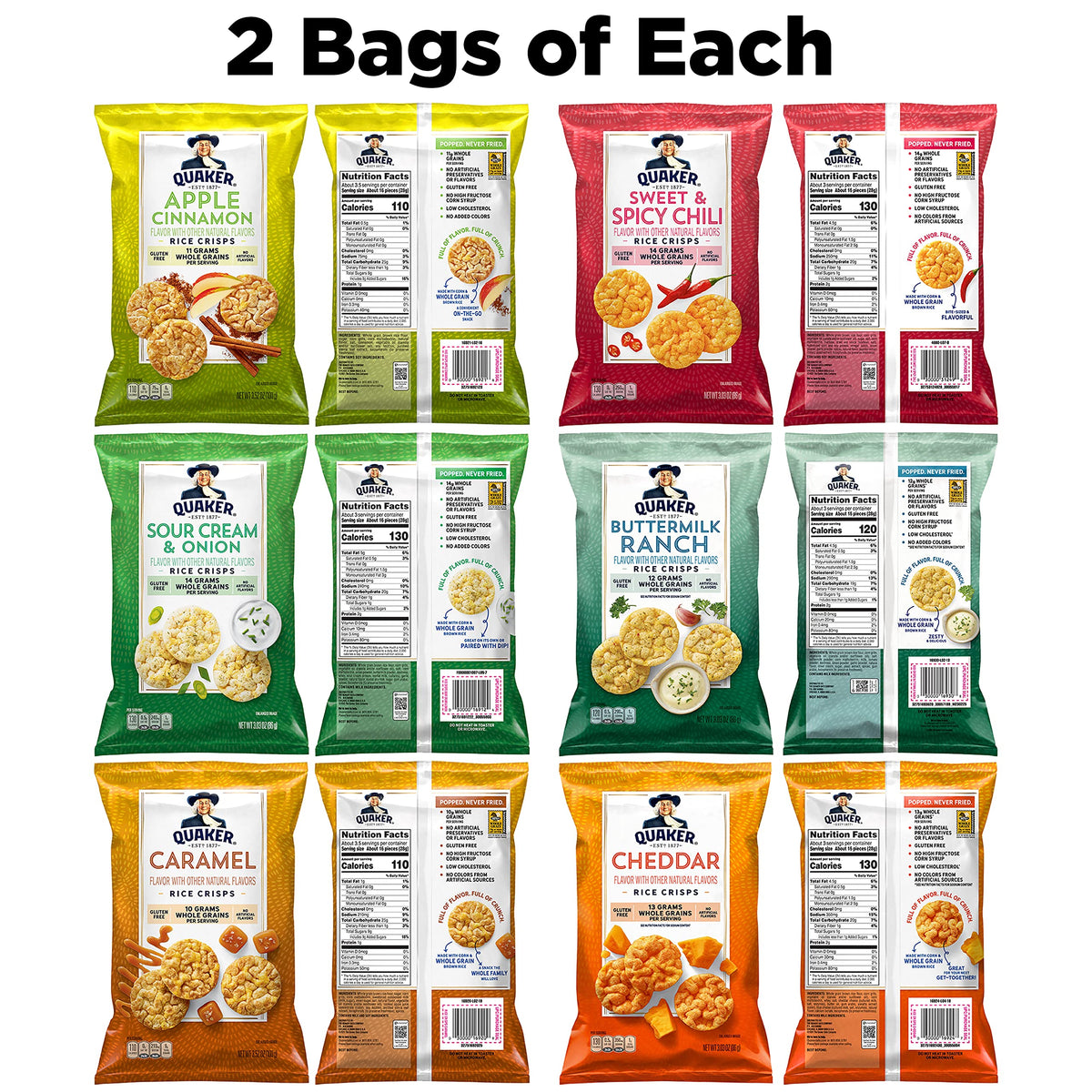 Quaker Rice Crisps Sweet and Spicy Chili bag, bold crunch for quick energy