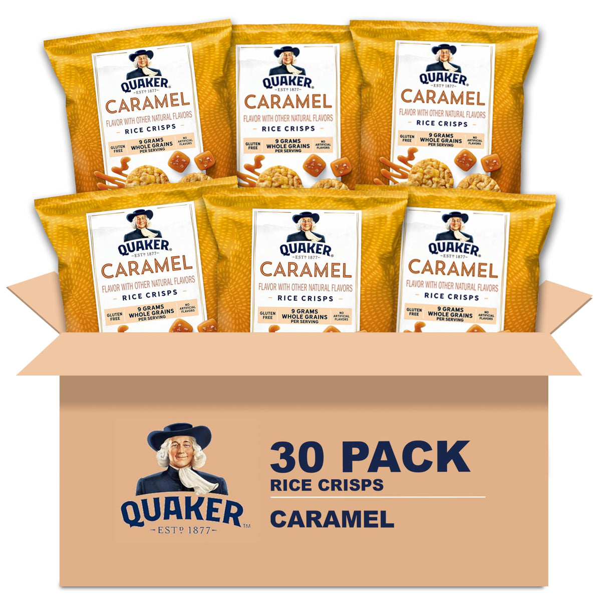 Quaker Rice Crisps Caramel package front, gluten-free breakfast on the go.
