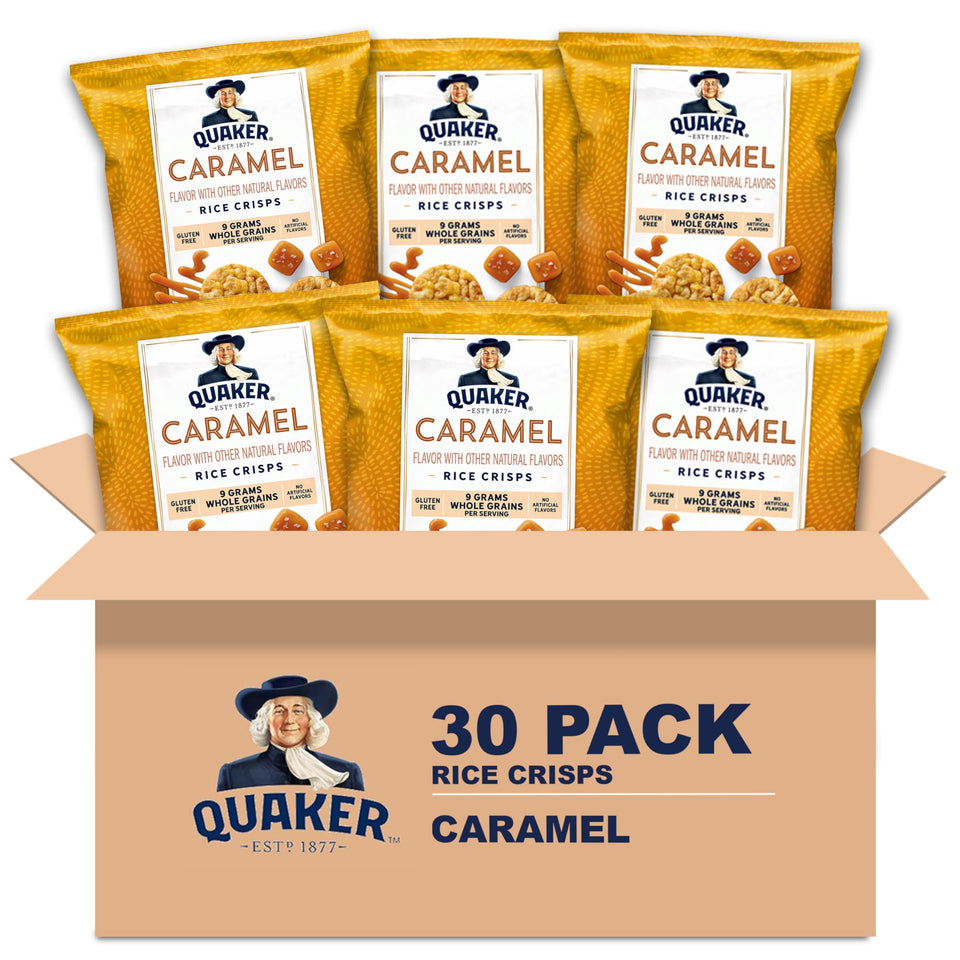 Quaker Rice Crisps Caramel package front, gluten-free breakfast on the go.