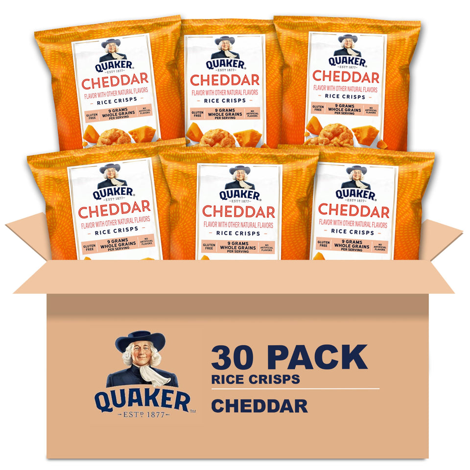 Quaker Rice Crisps Cheddar 30-pack box, gluten-free breakfast snack.