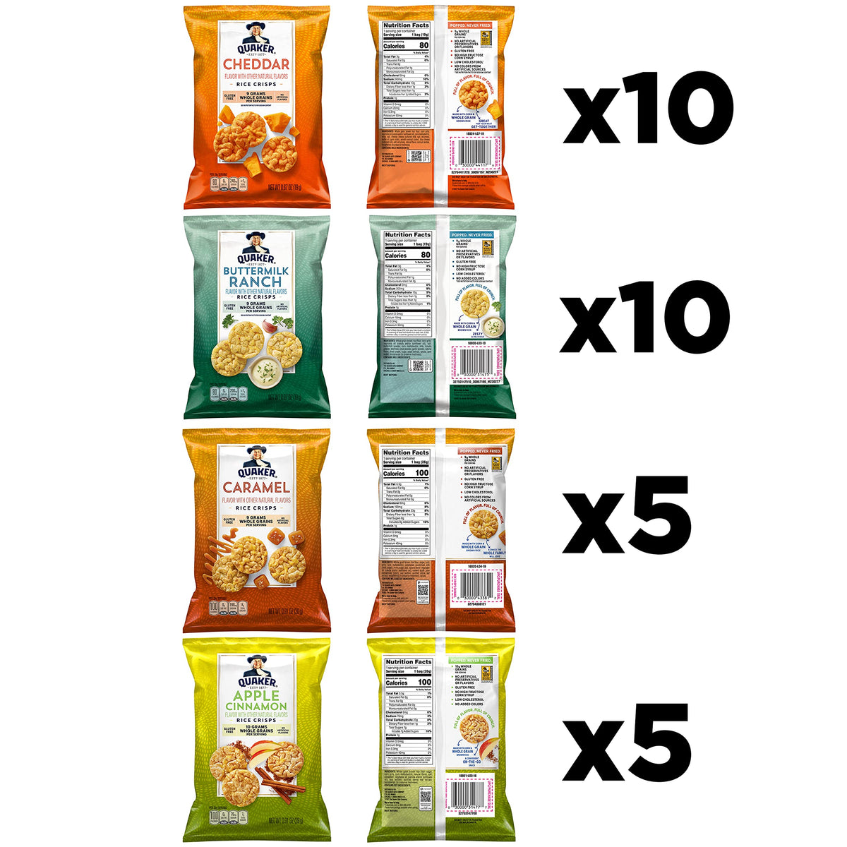 Quaker Rice Crisps variety-bags showing four sweet and savory flavors to try