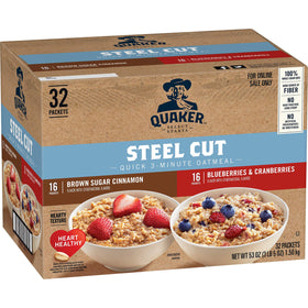 Quaker Steel Cut Quick Oatmeal packaging showing two flavors for easy mornings.