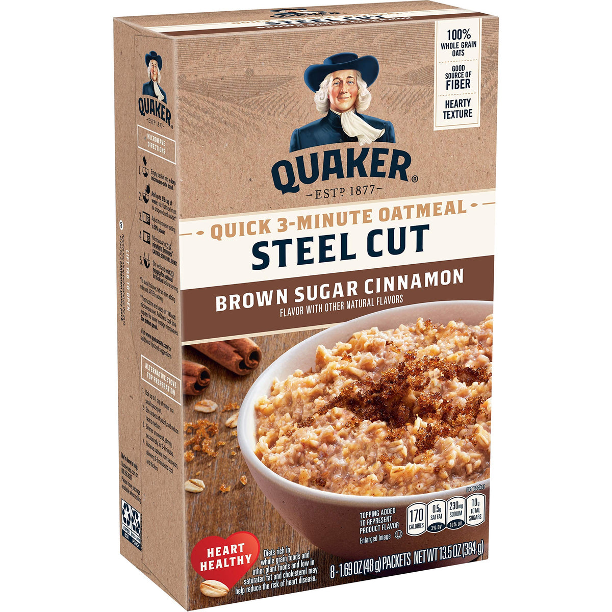 Quaker steel cut quick oatmeal bowl with brown sugar and cinnamon for a hearty breakfast.