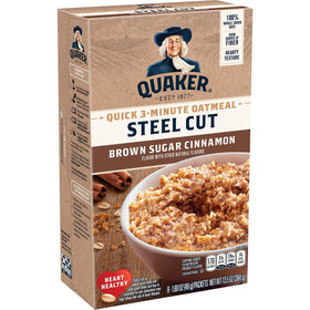 Quaker steel cut quick oatmeal bowl with brown sugar and cinnamon for a hearty breakfast.