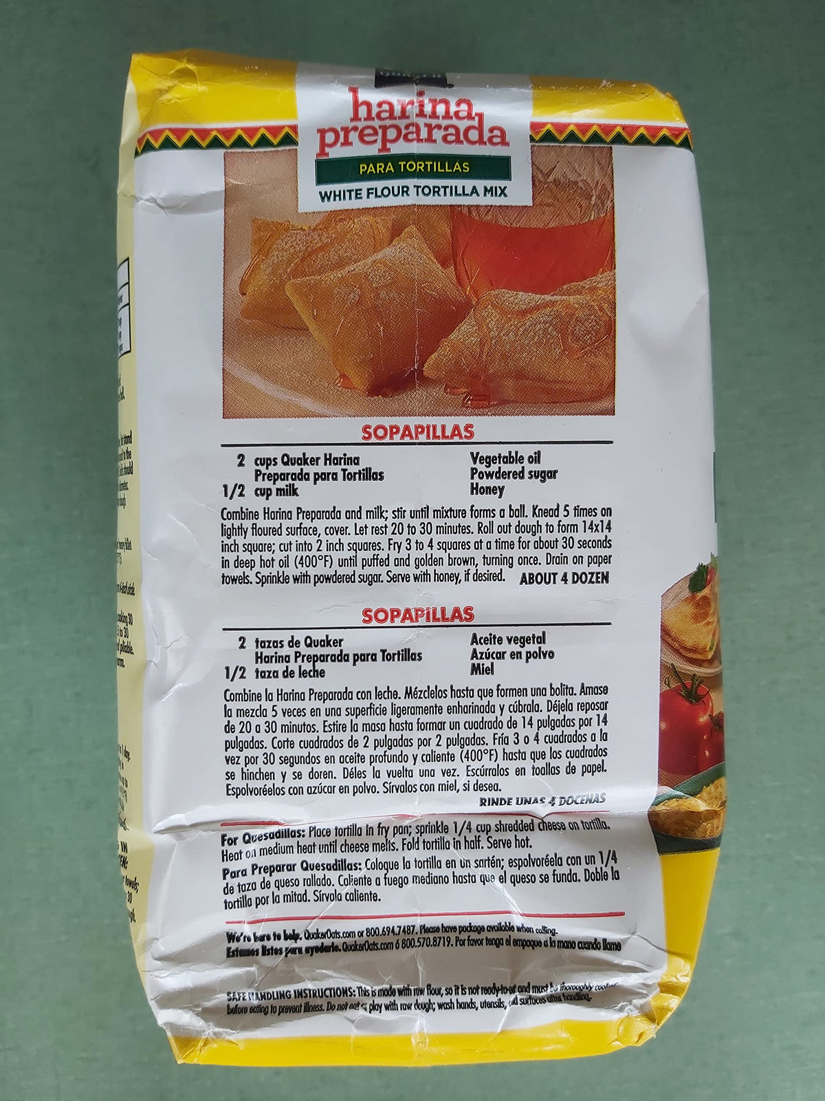 Quaker tortilla flour closeup shows fine, ready-to-use mix