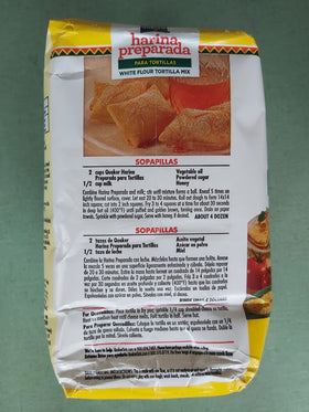 Quaker tortilla flour closeup shows fine, ready-to-use mix