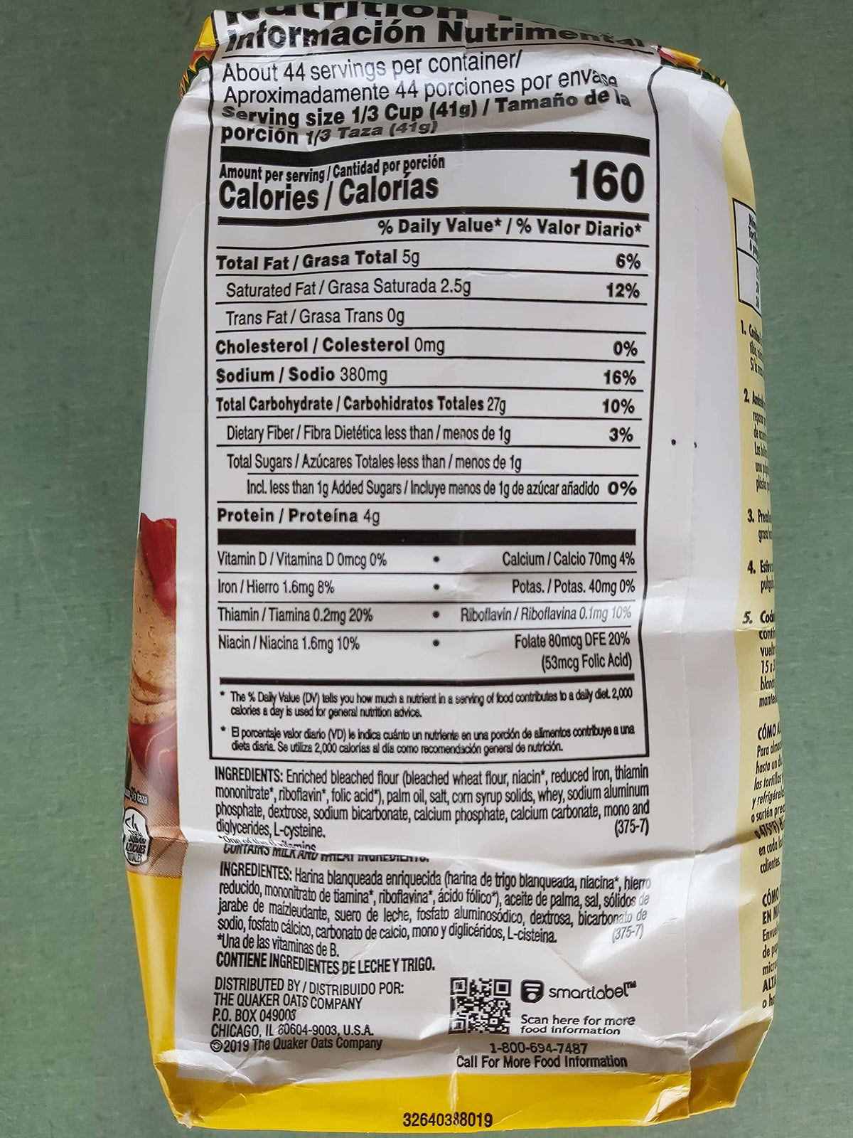 Quaker tortilla flour 4 lb bag two-pack, side view for pantry convenience
