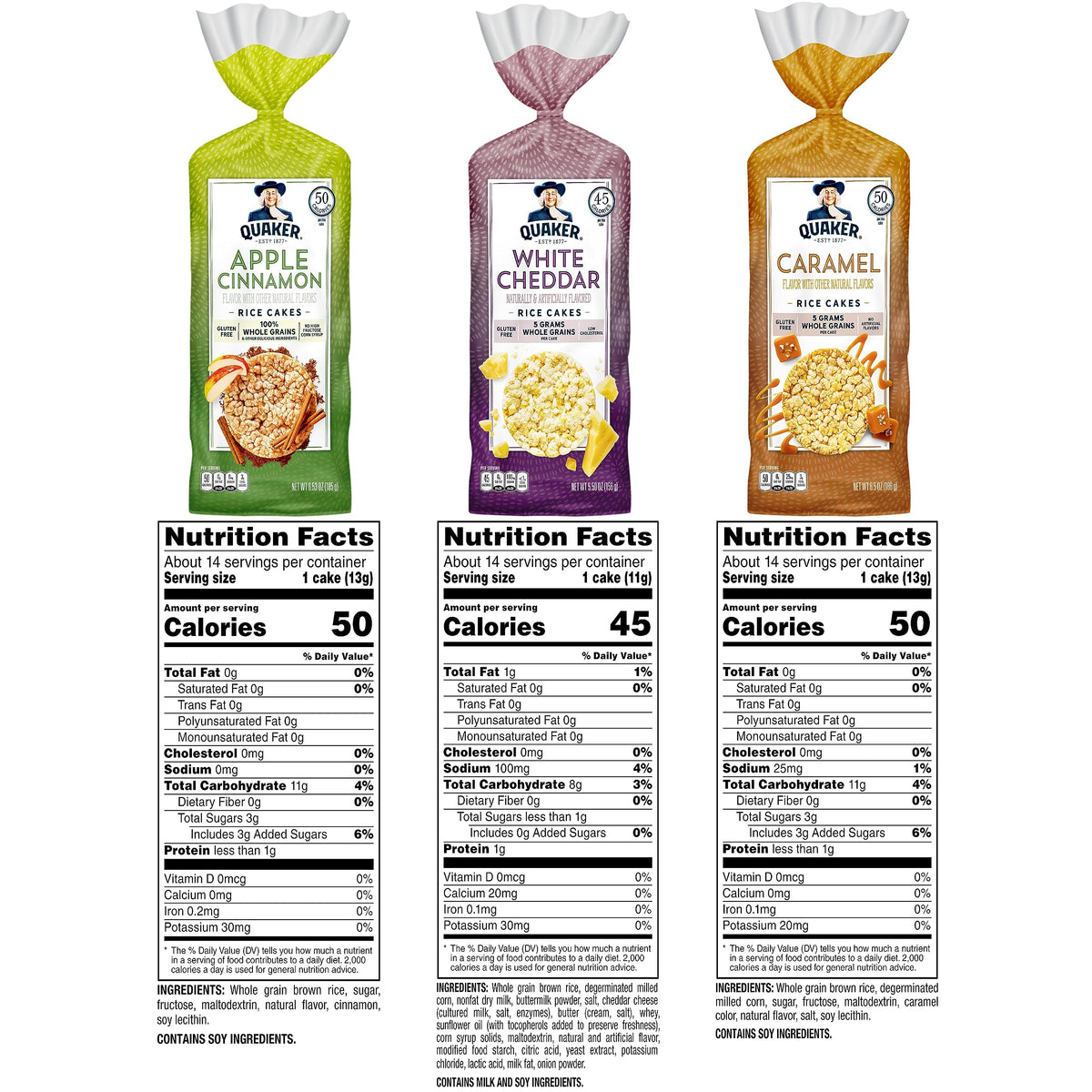 Quaker gluten-free rice cakes made from whole brown rice, healthy option.