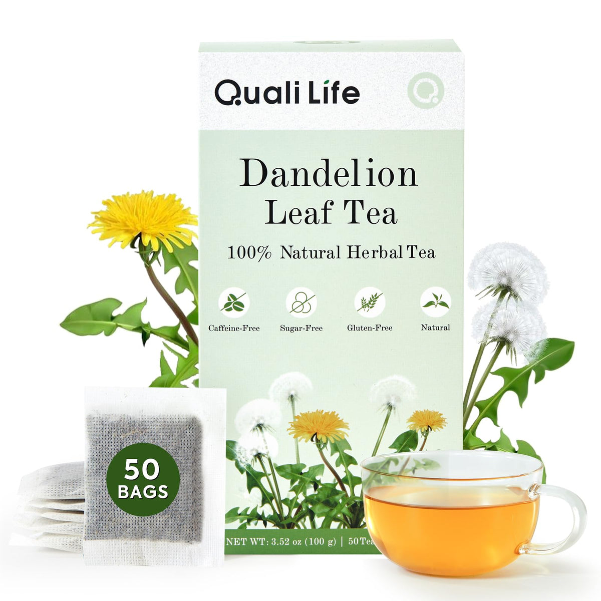 QualiLife Dandelion Leaf Tea box displaying premium packaging for a natural daily ritual.