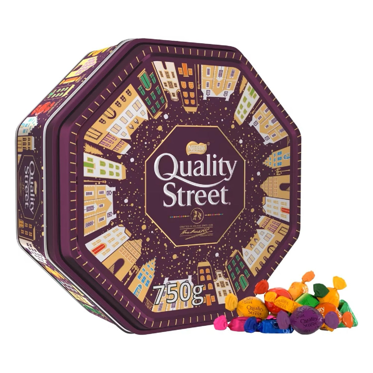 Quality Street tin showing assorted chocolates and toffees for gatherings.