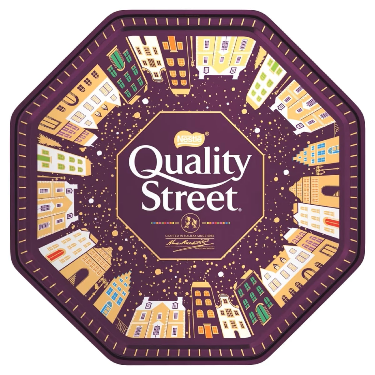 Quality Street tin with a bright metal can, ideal for sharing during celebrations.