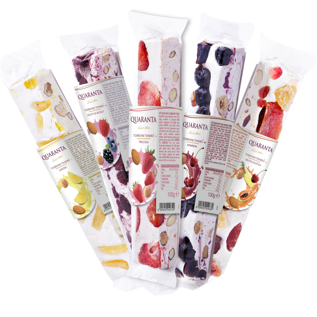 Quaranta Italian Nougat Forest Fruits bar with almonds and hazelnuts, gluten-free and satisfying.