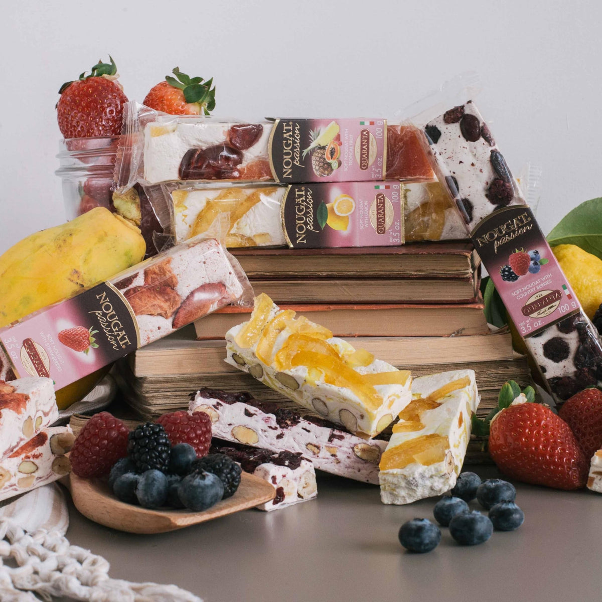 Quaranta pack display featuring five gluten-free flavors.