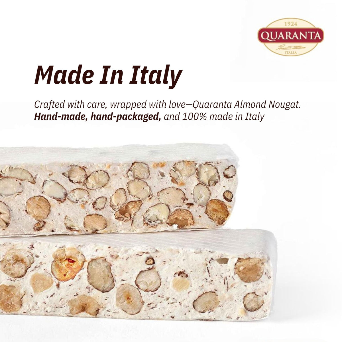 Quaranta nougat slice on plate emphasizes artisanal craftsmanship