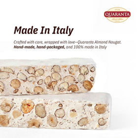 Quaranta nougat slice on plate emphasizes artisanal craftsmanship