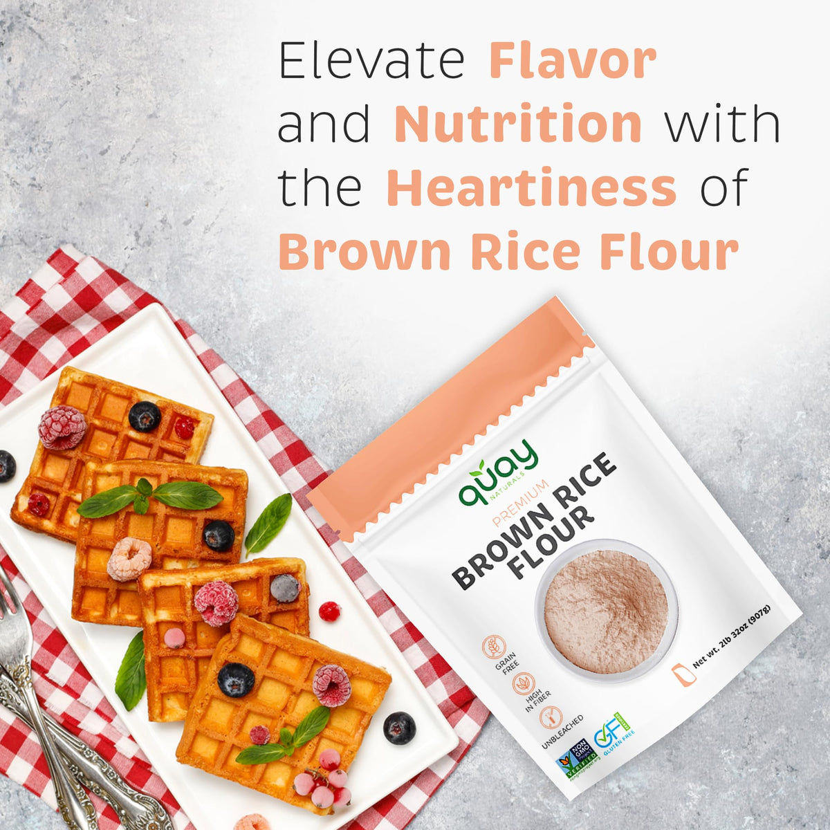 Fine-milled texture of Quay Naturals brown rice flour for silky batters