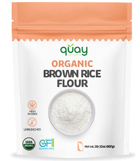 Quay Naturals Organic Brown Rice Flour packaging on shelf, gluten-free promise