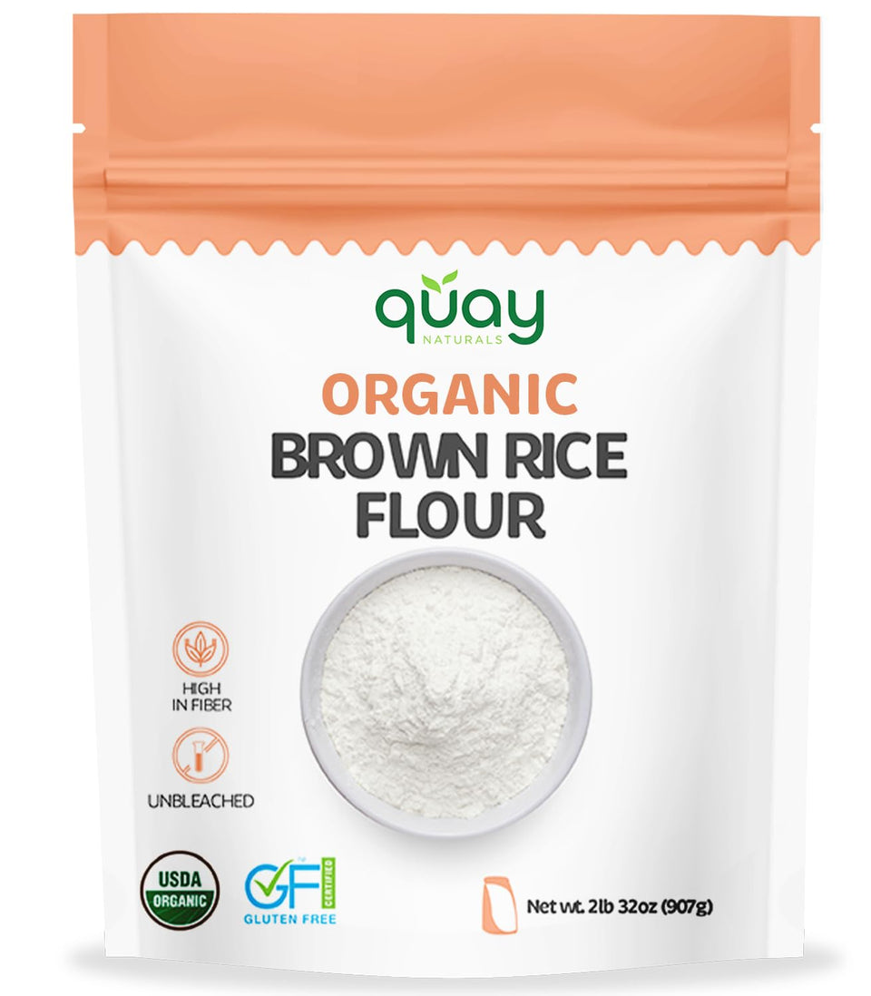 Quay Naturals Organic Brown Rice Flour packaging on shelf, gluten-free promise