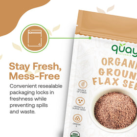Quay Naturals flaxseed powder close-up on pouch emphasizes organic origin