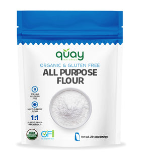Quay Naturals Organic Gluten Free All Purpose Flour bag highlights organic ingredients for fresh gluten-free baking.