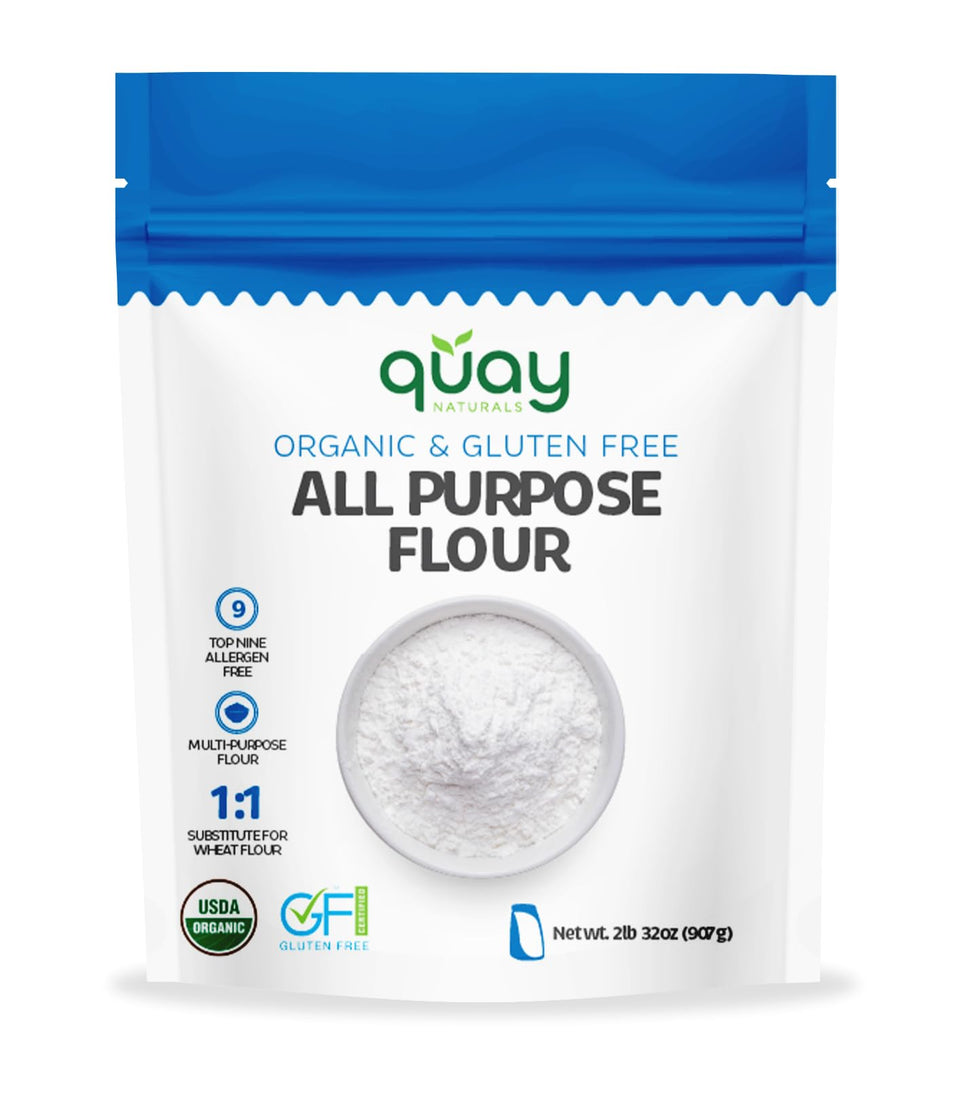 Quay Naturals Organic Gluten Free All Purpose Flour bag highlights organic ingredients for fresh gluten-free baking.