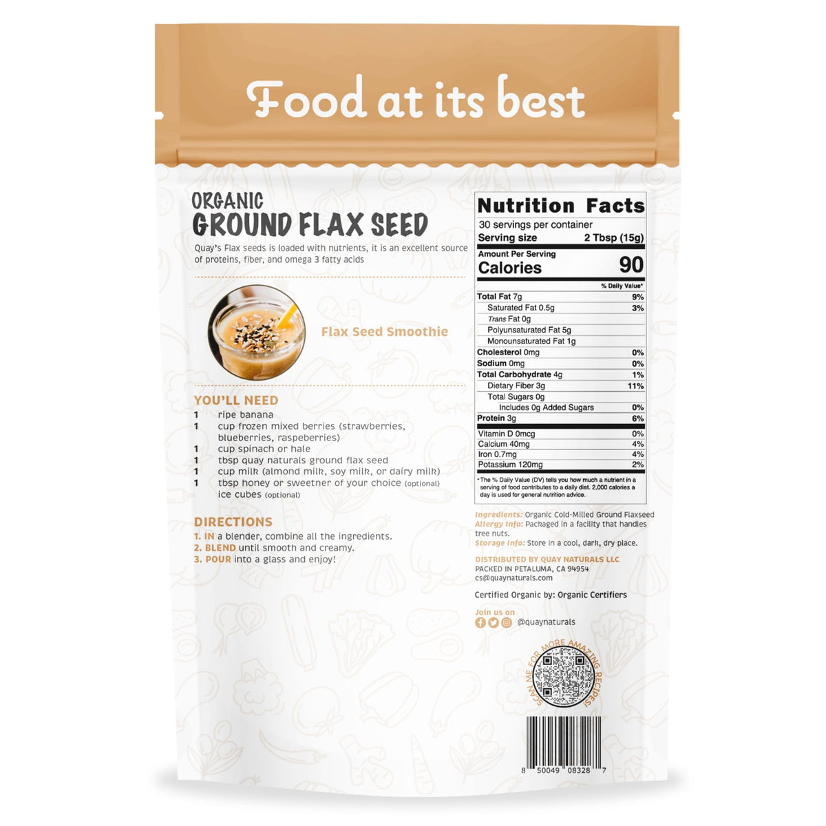 Quay Naturals flaxseed powder with spoon on counter highlights easy mixing into yogurt