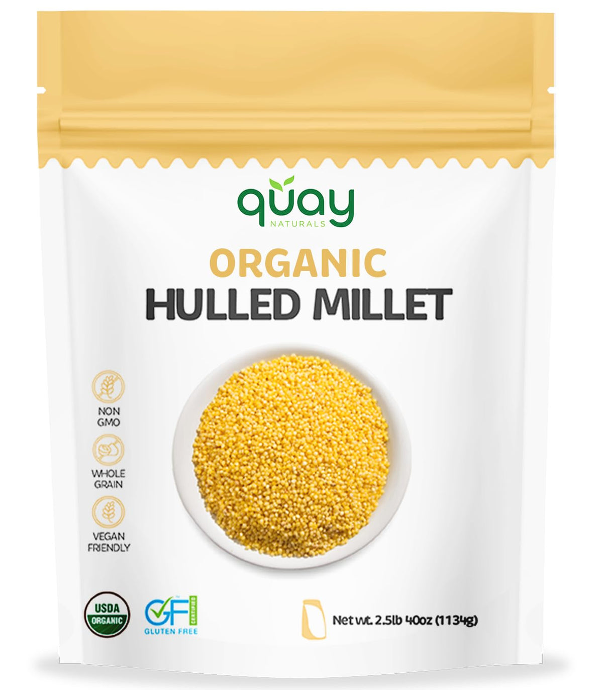 Quay Naturals hulled millet organic bag on shelf, gluten-free pantry staple