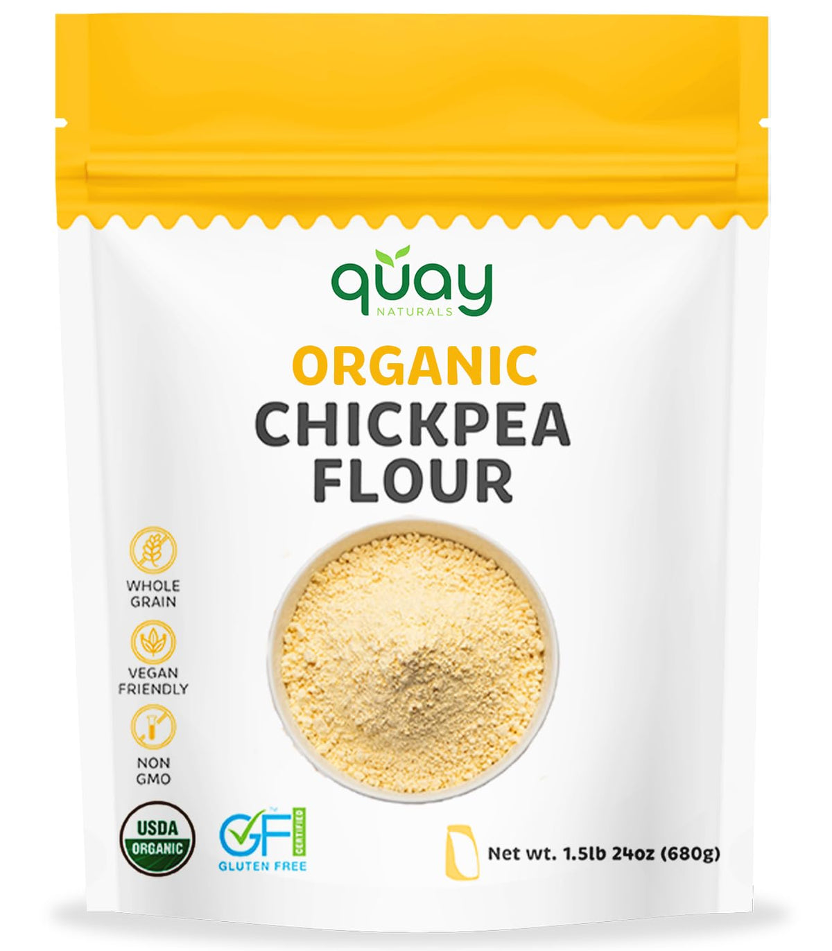 Quay Naturals Organic Chickpea Flour bag, a gluten-free baking staple for vegan recipes.