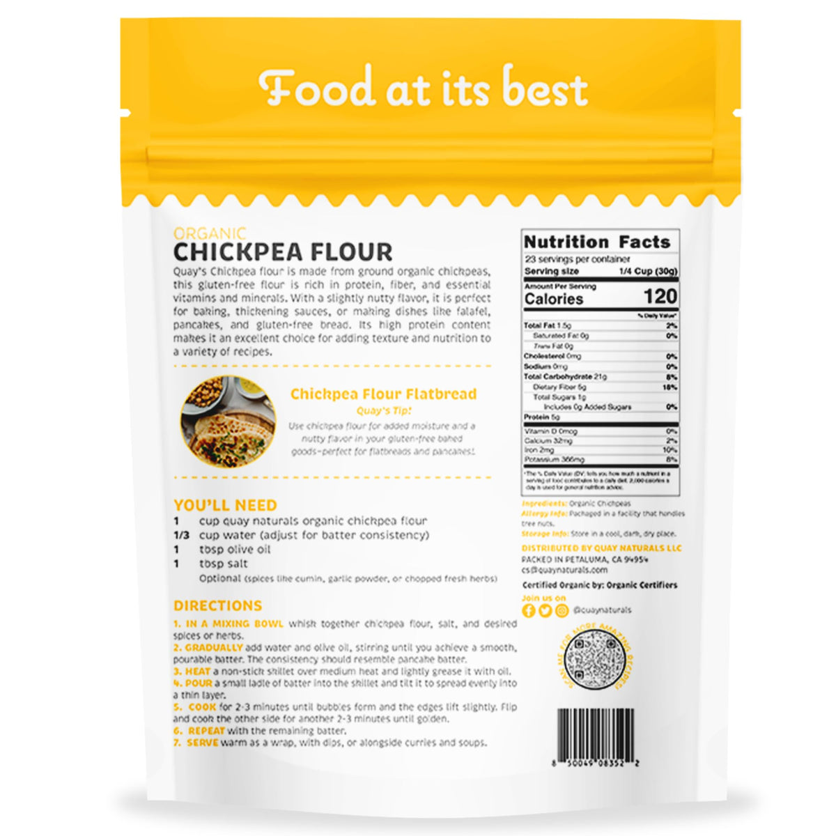 Quay Naturals chickpea flour measuring cup ready for precise portions in recipes.