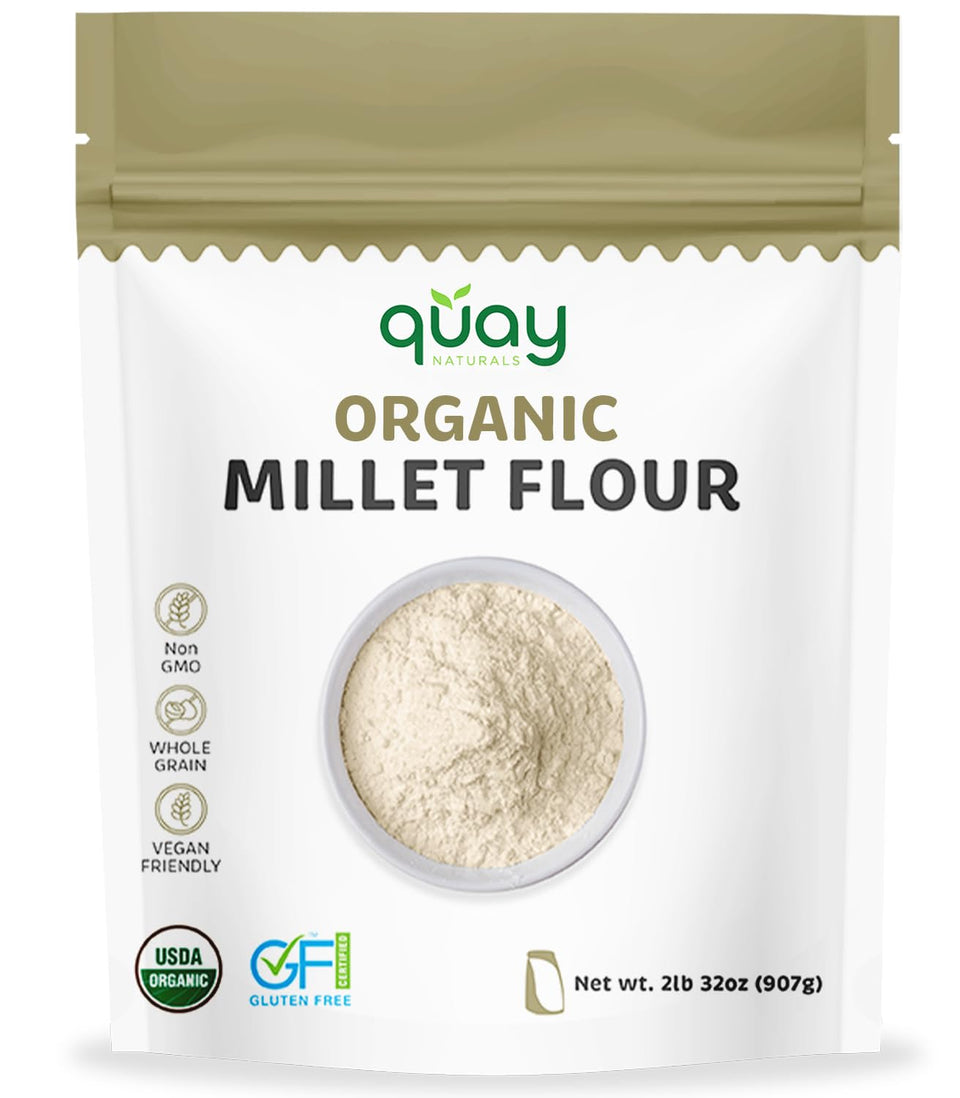 Quay Naturals Organic Millet Flour 2lb bag with organic label, ideal for gluten-free baking