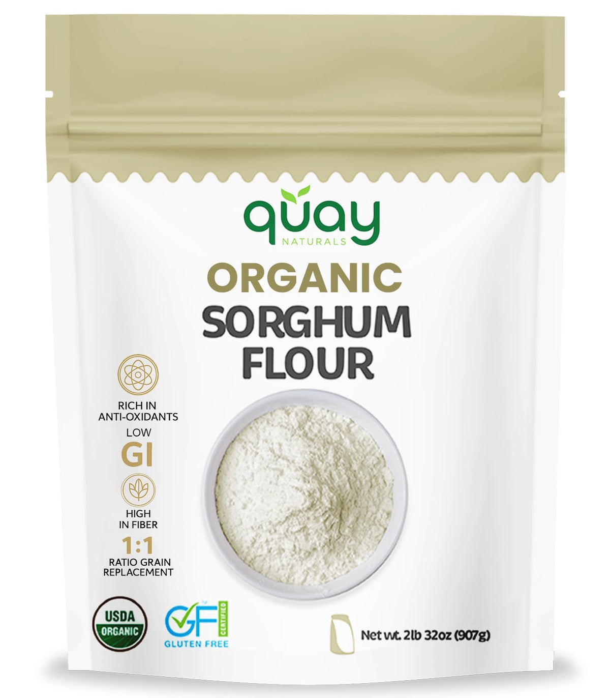Quay Naturals Organic Sorghum Flour 2lb pack ready for gluten-free baking.