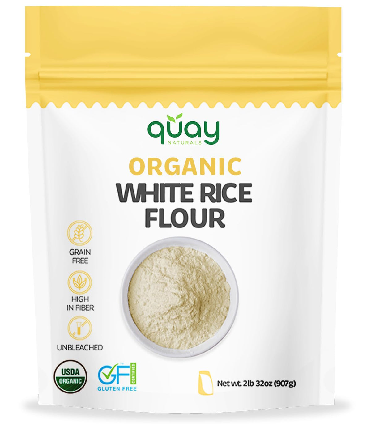 Quay Naturals Organic White Rice Flour package on kitchen counter for gluten-free baking