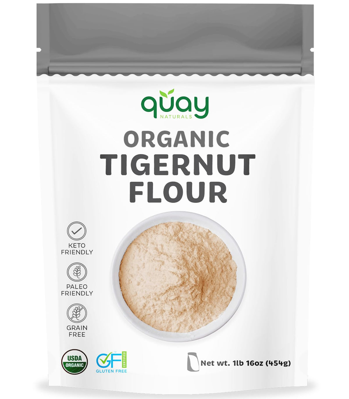 Quay Naturals Tigernut Flour 1lb packaging, gluten-free pantry staple for versatile baking.