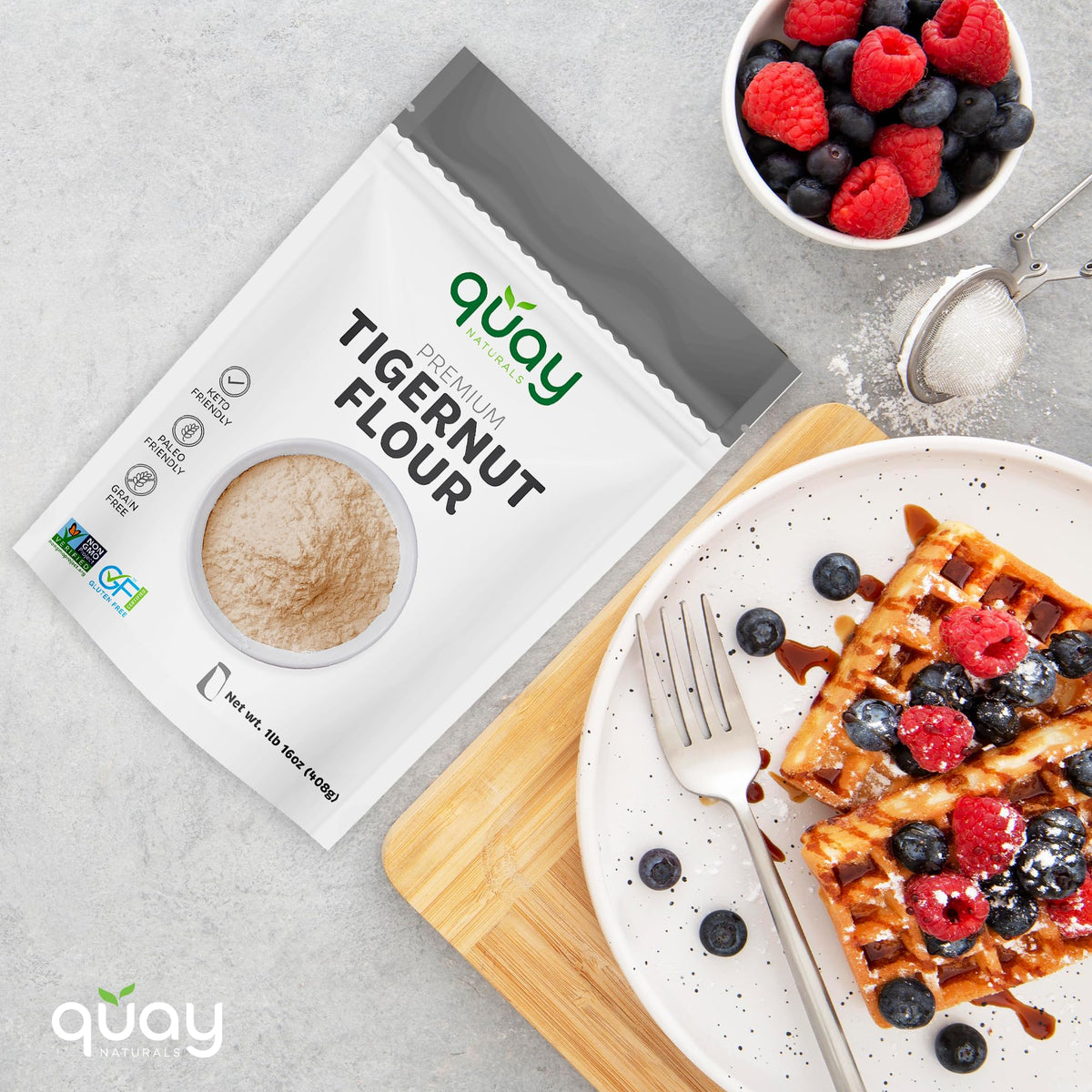 Quay Naturals Tigernut Flour in a cozy kitchen scene, paleo-friendly ingredient.
